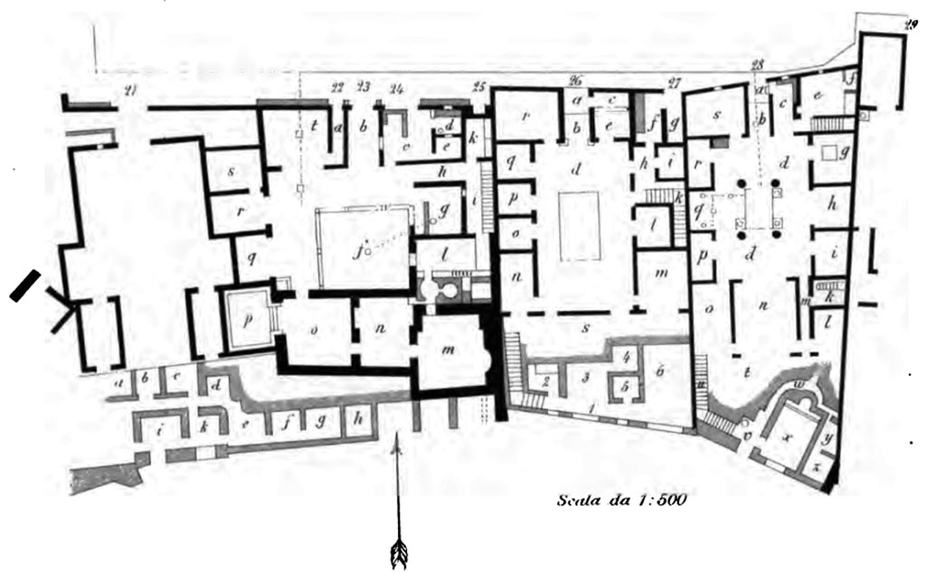 VIII.2.26 Pompeii. Plan of house and adjacent houses VIII.2.22-28. (Street level floor in dark black, lower floor in grey.) 

(Note: different room numbers again). 

According to Mau (in BdI Mitteilungen), these houses were unearthed, incompletely however, at the time of the first excavations, and then reburied. 

See Bullettino dell’Instituto di Corrispondenza Archeologica (DAIR), 1888, (p.181, and Tav. VII) 